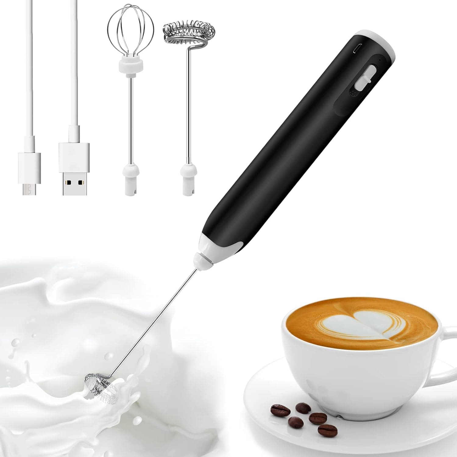 Milk Frother rechargeable mixer handheld egg whisk 3-Speed Adjustable with 2 stainless steel mixer heads suitable for coffee, tea, latte, hot chocolate(black)