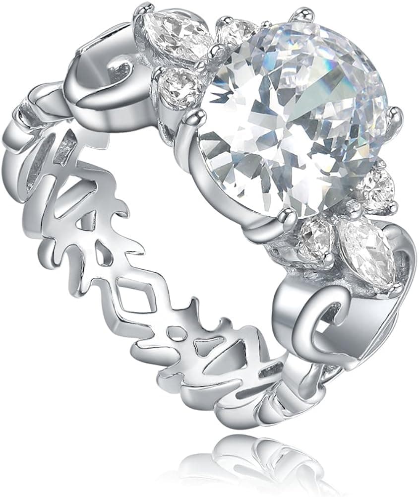 Stainless Steel Oval Cubic Zirconia CZ W. Heart and Butterfly Filigree Womens Ring