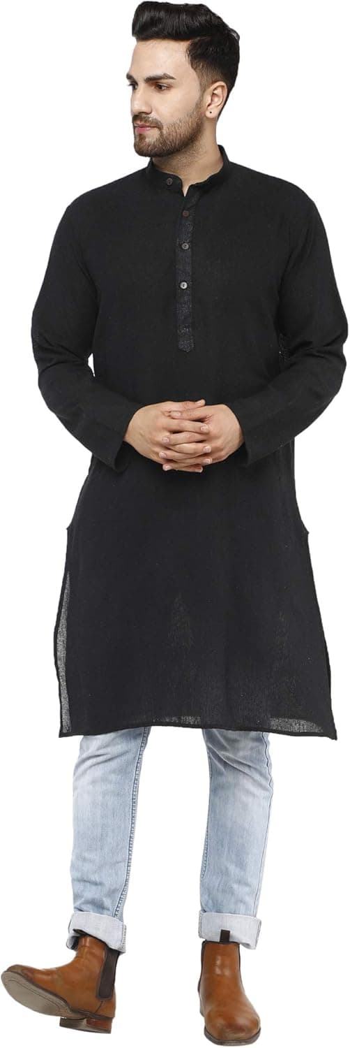 SKAVIJ Men's Handloom Cotton Henley Shirt Indian Long Sleeve Casual Kurta