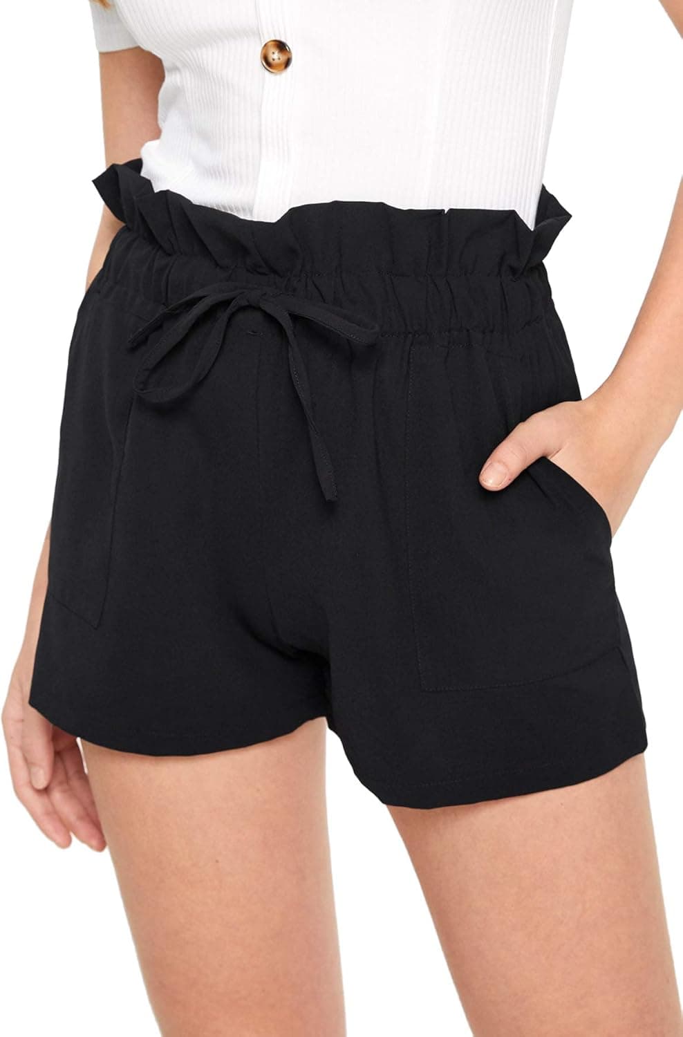 SweatyRocks Women's Casual Elastic Waist Seft Tie Summer Beach Shorts with Pockets Solid Black Large