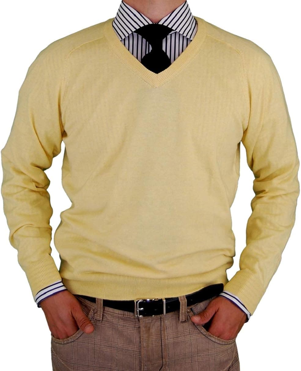 Luciano Natazzi Mens Sweater V-Neck Classic Fit Long Sleeve Pullover Fine Cotton
