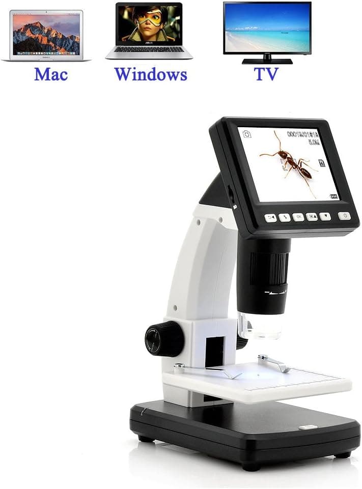 Jiusion 3.5" LCD Screen Digital Microscope Camera 5MP 20-300X Manual Zoom with 8 LEDs USB AV-Out up to 1200x Magnification