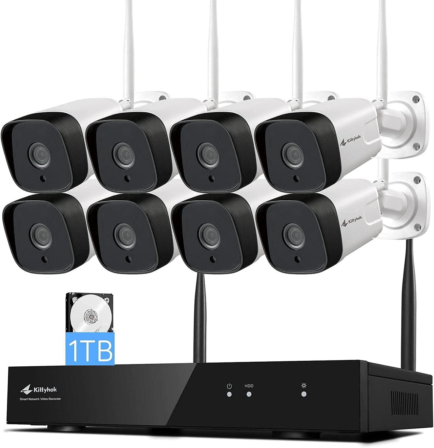 [Dual WiFi, 2K Video] Kittyhok 3MP Wireless Security Camera System with 1TB HDD, 8Pcs Outdoor/Indoor WiFi Home Surveillance Cameras with Night Vision, IP66 Waterproof, 24/7 Recording Video and Audio