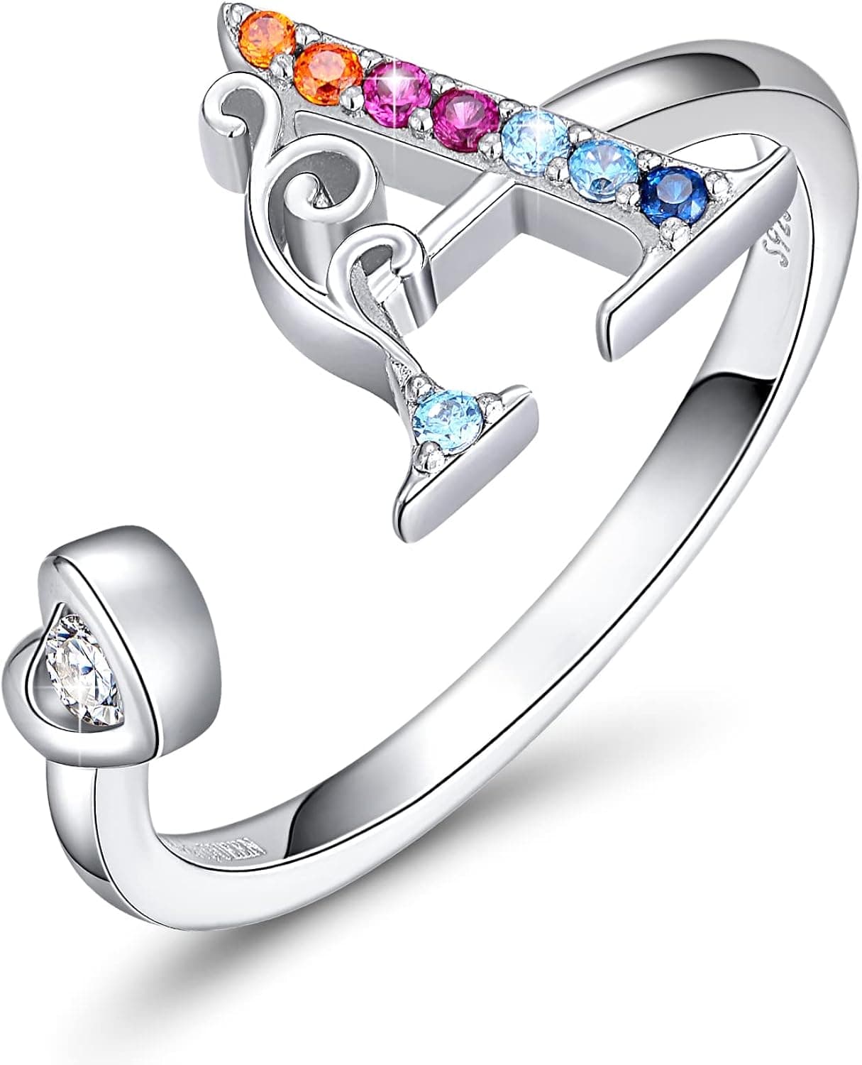 FOREVER QUEEN Adjustable Initial Ring,925 Sterling Silver Statement Rings with Colorful Stone, Personalized Letter Stacking Ring Alphabet A to Z for Women Girls