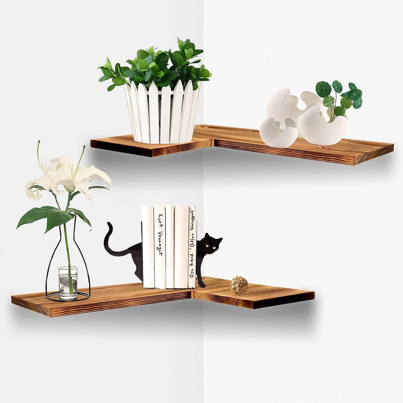Floating Corner Shelves Wall Mount Wood Storage Corner Shelf Set of 2 L-Shaped Rustic Corner Hanging Shelf for Wall Space-Saving Corner Wall Display Shelves Organizer for Bathroom Bedroom Living Room