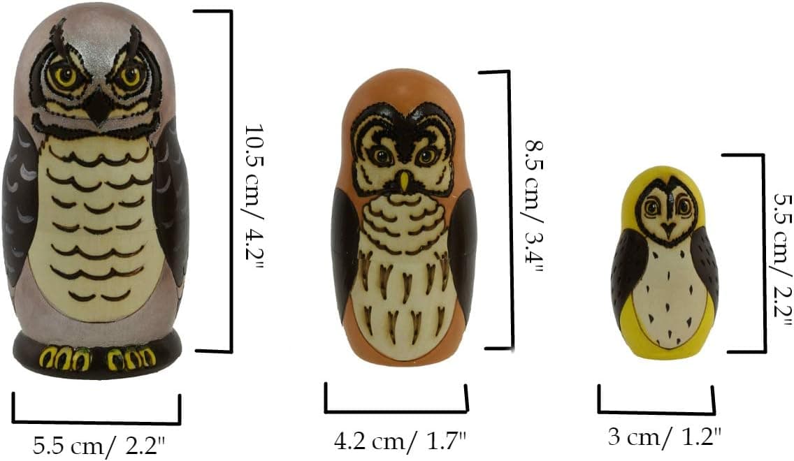 Azhna 3 pcs 10.5 cm Animal Family Nesting Doll Souvenir Matryoshka Home Decor Collection Woodburned and Hand Painted Russian Doll Wooden Stacking Doll (Grey)