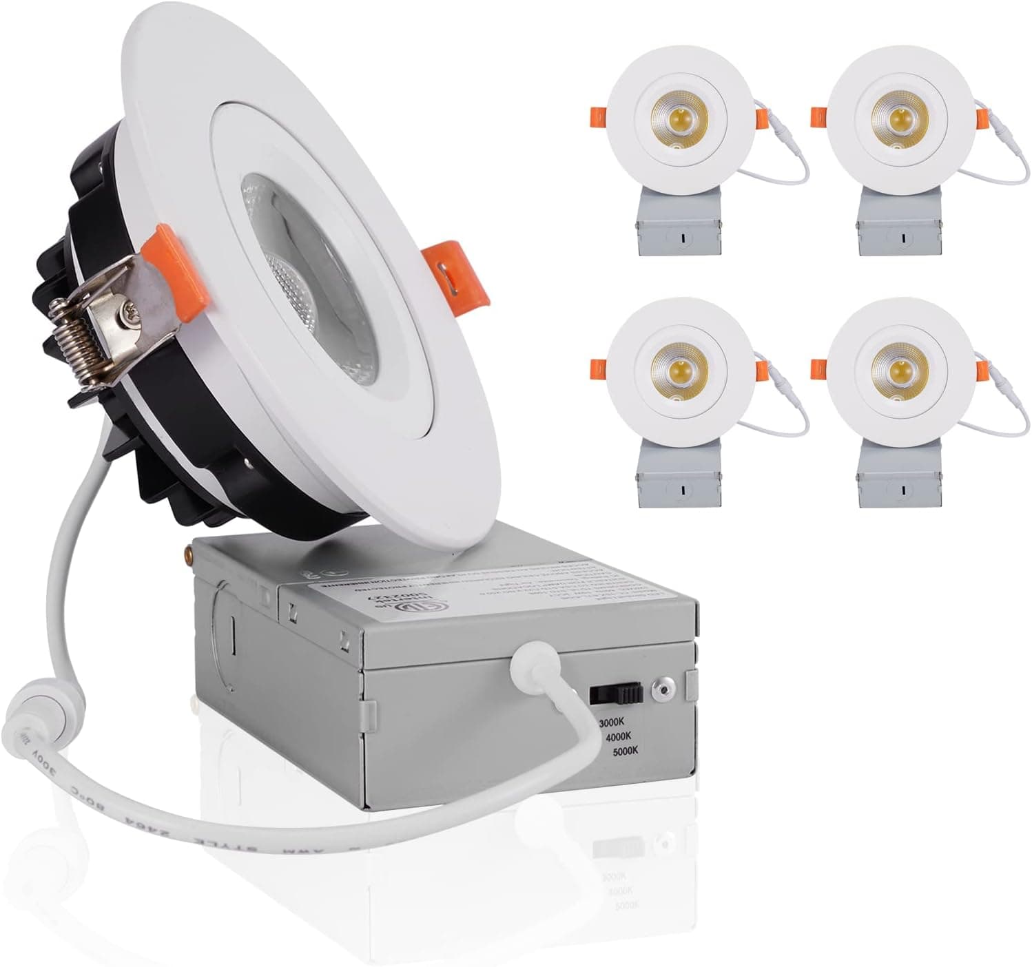 4 Pack 4 Inch LED Recessed Ceiling Light with Junction Box, Airtight Gimbal Eyeball Slim Downlight, CRI80+, 3000K-5000K, 15W 100W Eqv, 1000LM Dimmable Panel Light - ETL & Energy Star Certified