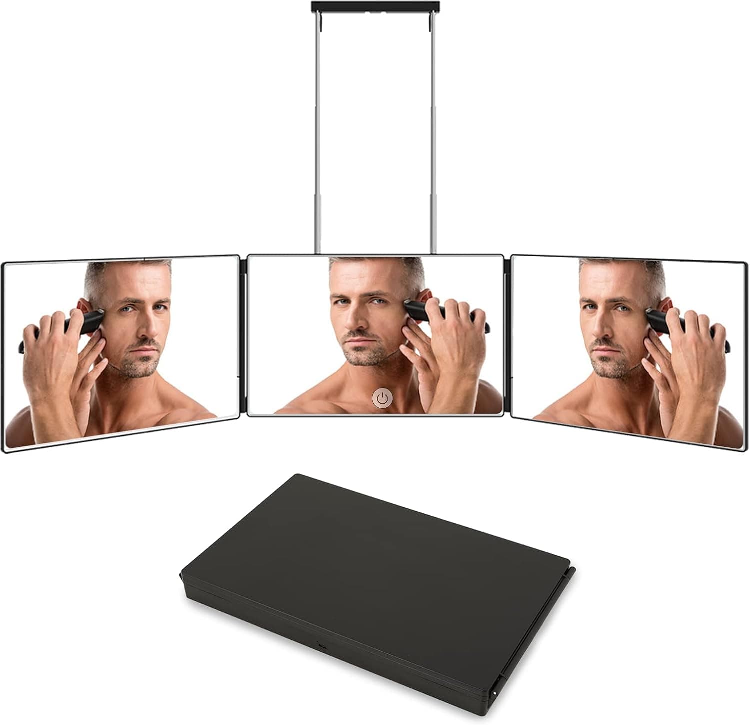 futaiphy 3 Way Mirror for Hair Cutting Tools, Triple 360° Make up Mirror with Light and Height Adjustable Mirror for Men, DIY Haircut Tools for Home or Travel