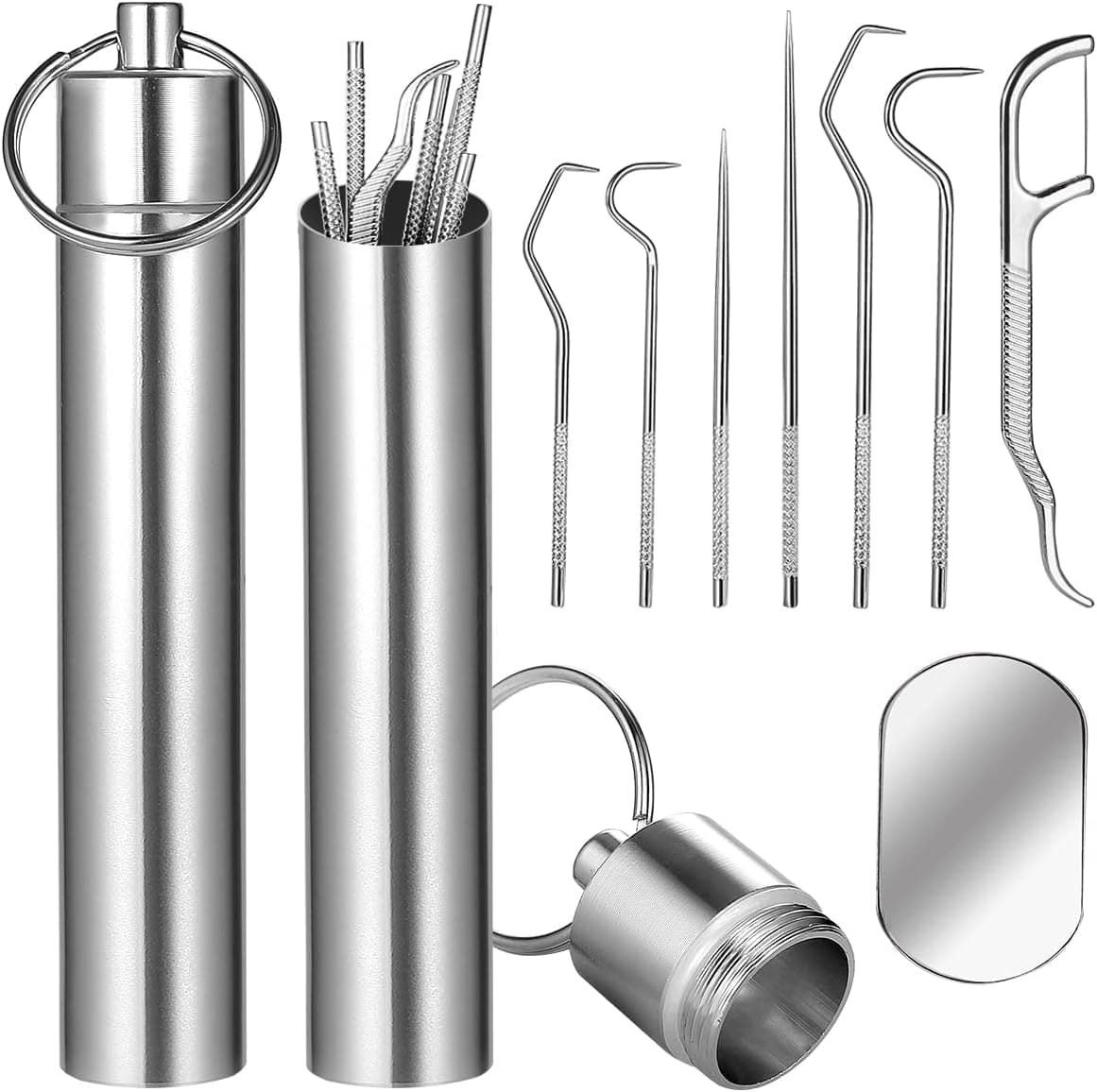 FXFSTEEL Stainless Steel Toothpick Set, 2 Set Reusable Metal Toothpick Portable Keychain Toothpick with Holder and Mirror for Outdoor Picnic Camping Traveling