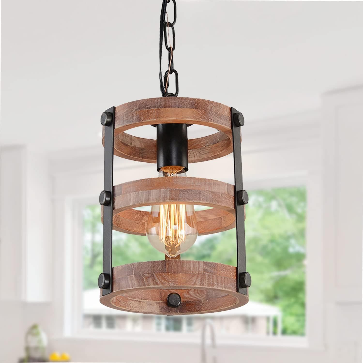 Giluta Circular Wood Pendant Light Farmhouse Kitchen Chandelier One-Light Rustic Industrial Edison Ceiling Light Hanging Light Fixtures for Dining Room Bedroom Bathroom (P0022)