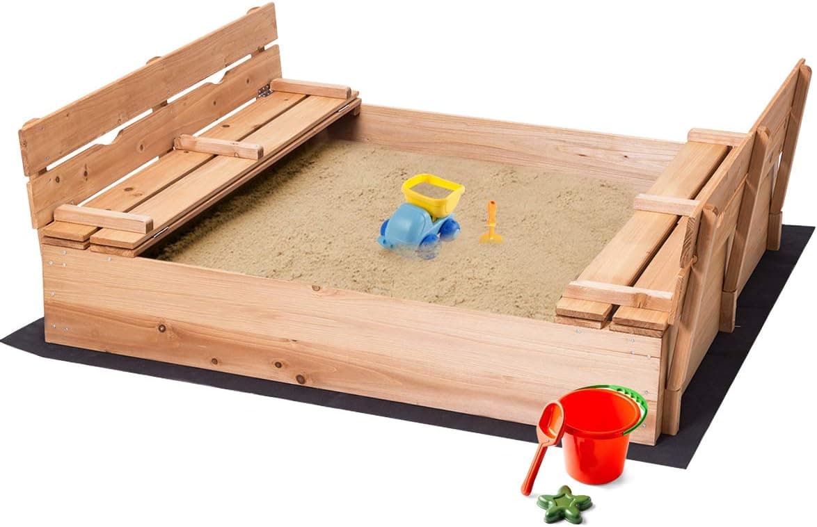 GLACER Folding Kids Wood Sandbox with Cover, Outdoor Sandbox with Convertible Bench Seats, Foldable Sand Box with Fabric Cloth, Portable Retractable Cabana Sandbox for Backyard, Home, Lawn