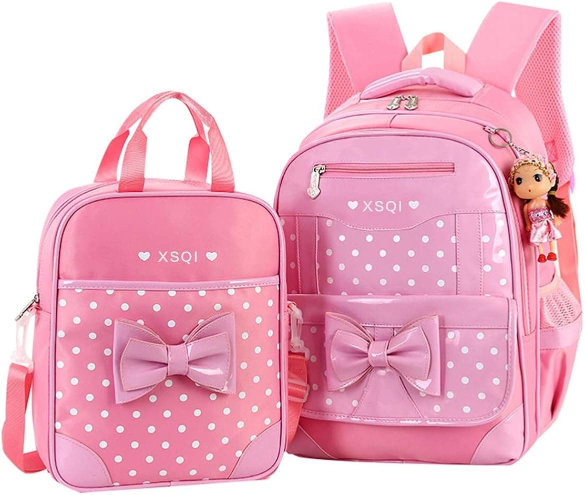 JiaYou Primary Girls Students Polyester School Backpack and Lunch Bag 2 Sets/3 Sets(25L,StyleA Pink2Sets)