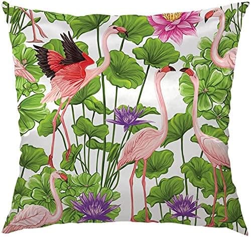 Pillow Covers 18 x 18 Set of 2 Throw Pillow Covers Outdoor Furniture Pillow Cases 45cm x 45cm for Outdoor Sofa Bed Home Decor (White-Green Flamingo)