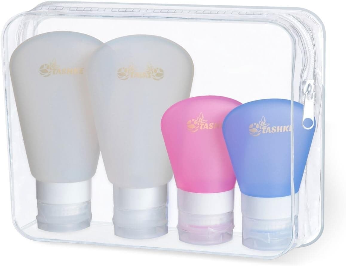 Tashke Leakproof Silicone Travel bottles, TSA Approved Carry-on Travel Size Refillable Tubes, BPA free food safe, For toiletries Shampoo, Conditioner, Lotion, Soap, Set of 4 (2 3oz / 2 1.25oz)