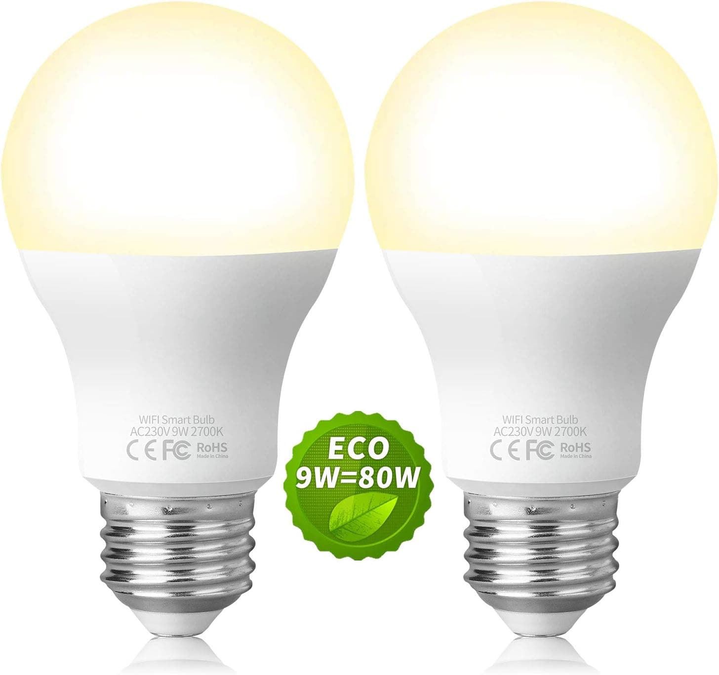 Fitop Smart Light Bulbs, Dimmable LED Bulb Work with Alexa & Google Assistant, WiFi+Bluetooth Smart Bulbs, A19 E26 9W 120V 900lm, 2 Pack