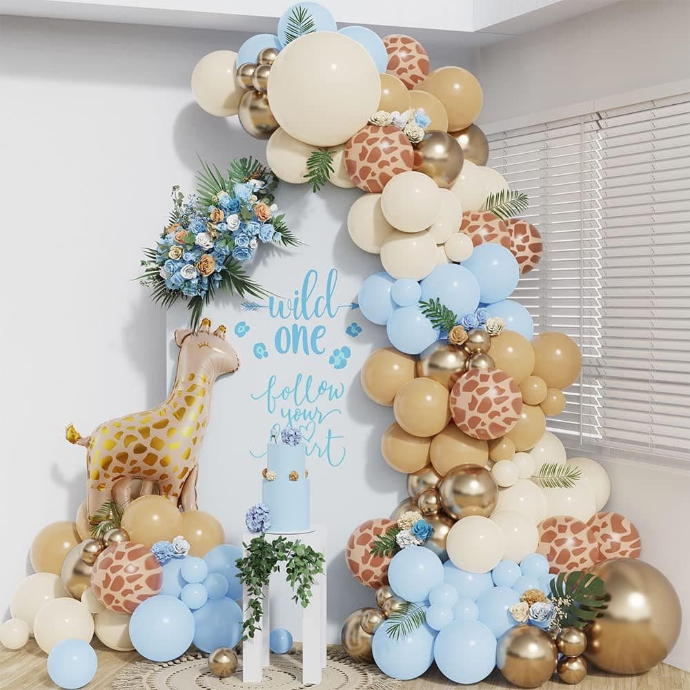 135Pcs Giraffe Print Balloon Garland Arch Kit Jungle Safari Animal Printed Balloon Arch Pastel Blue Sand White Beige Tan Balloons for Baby Shower Boys Wild One Birthday Party Decorations