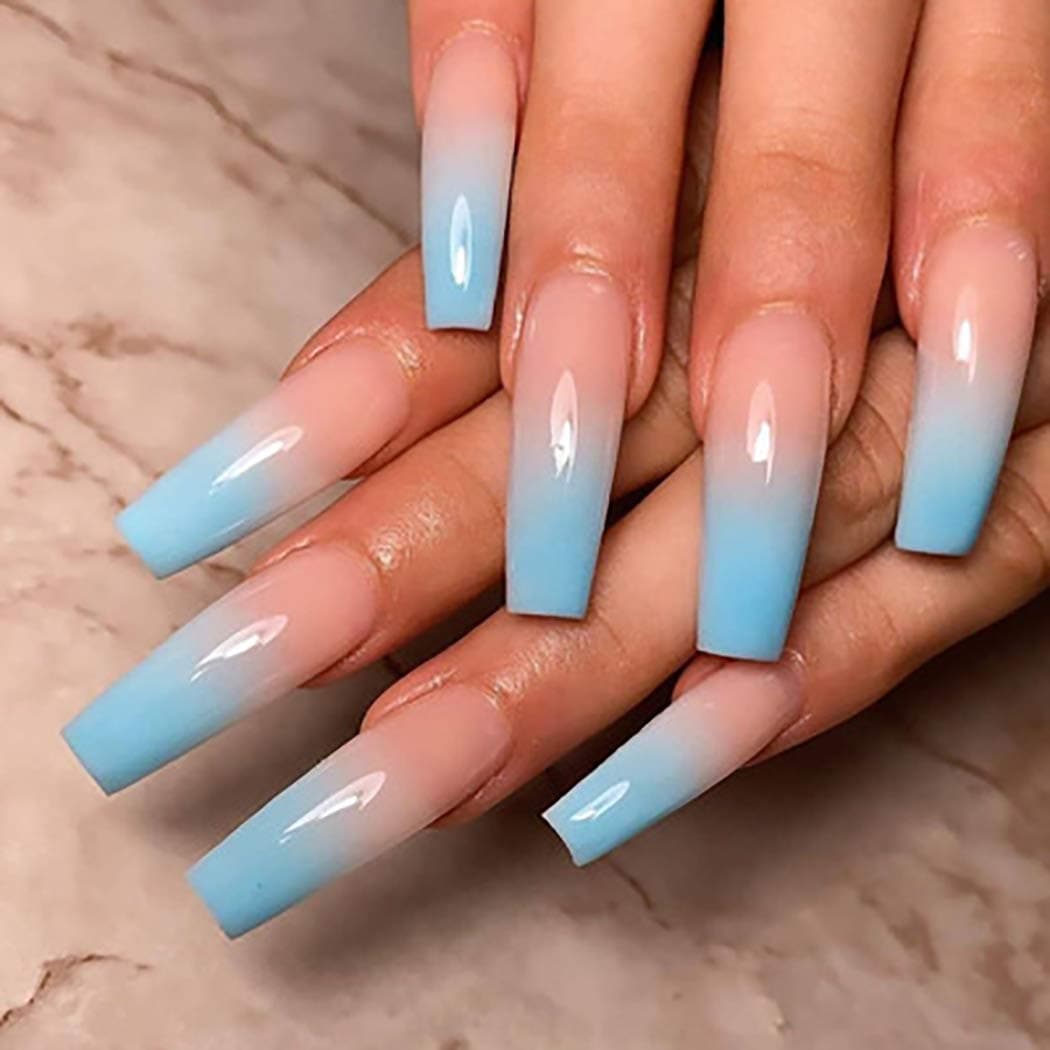 Abien Ombre Press on Nails Extra Long Coffin Fake Nails Glossy Artificial False Nail for Women and Girls (24Pcs) (Blue)