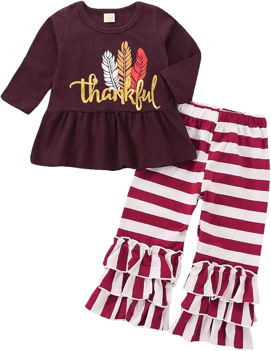 Toddler Baby Girl Thanksgiving Outfits Happy Thanksgiving Print Ruffle Tunic Drees Shirt Stripe Pants Fall Winter Clothes