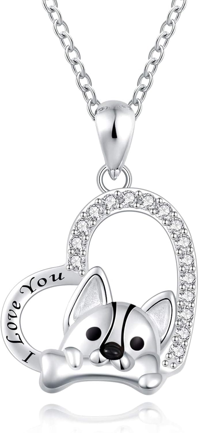 ACJFA Corgi Necklace 925 Sterling Silver Cute Animal Heart Pendant - I Love You Jewelry for Women Girls Dog Lover Gift