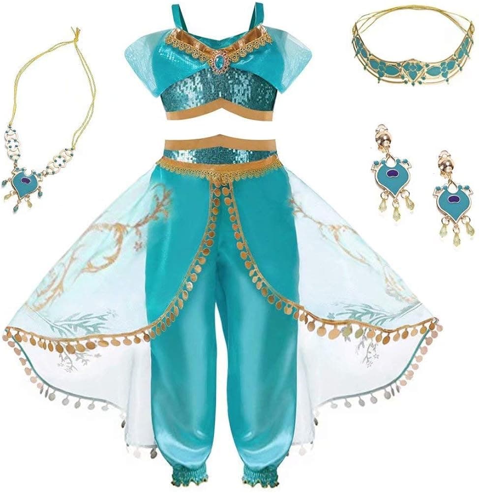 SZ-TONDA Girls Princess Costume Dress - Halloween Party Arabian Cosplay Teal & Gold Outfit for Kid Child Teen