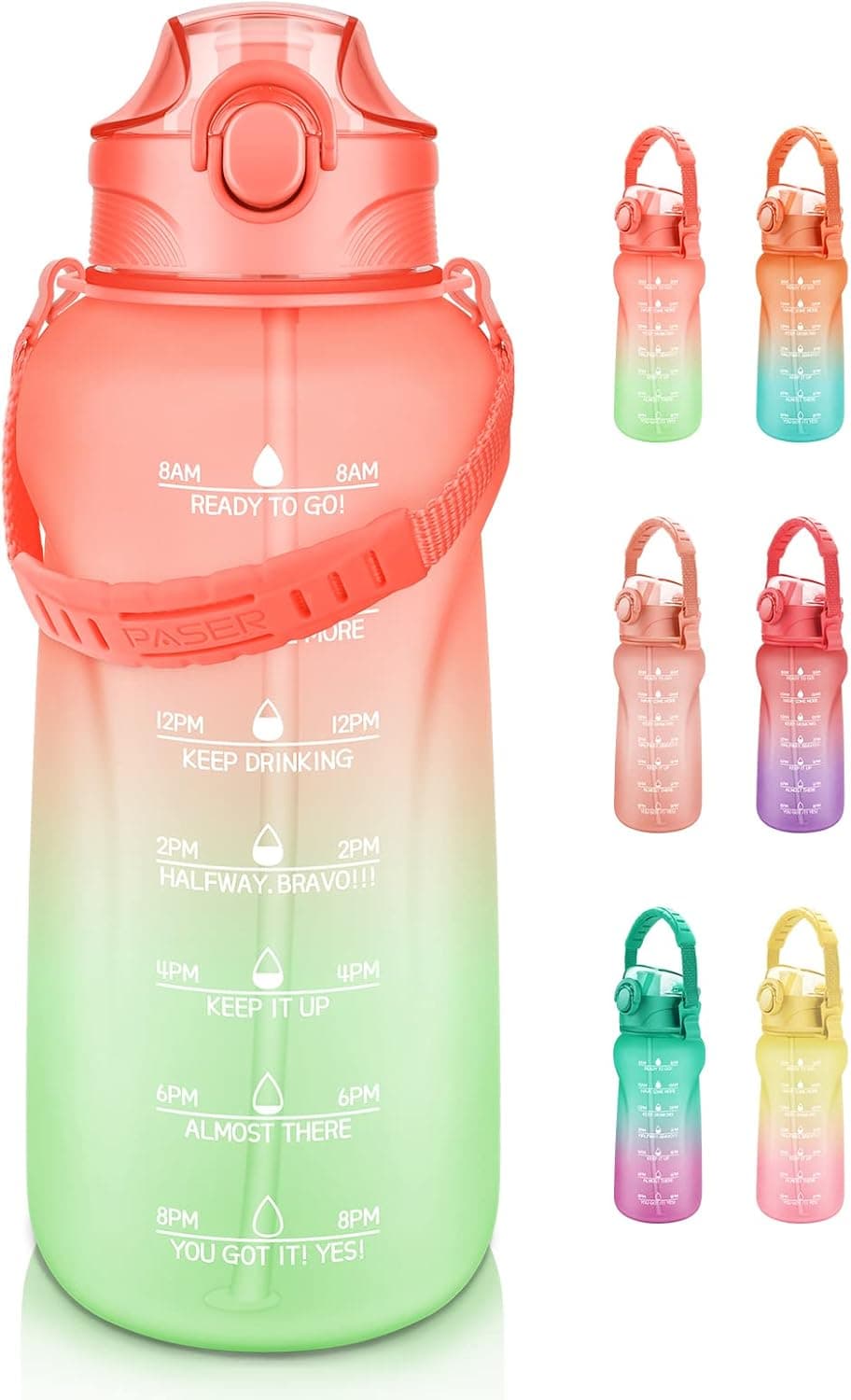PASER Half Gallon/64oz Motivational Water Bottle With Straw & Removable Strap - BPA Free Leakproof Tritan Large Water Bottle - Water Jug with Time Marker to Ensure You Drink Enough Water Daily