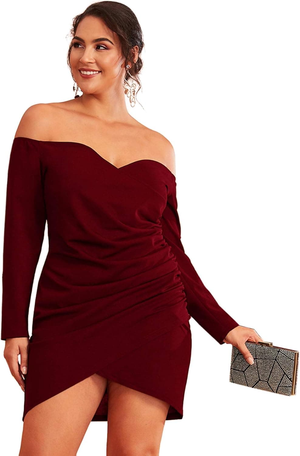 Romwe Women's Plus Size Sexy Off Shoulder Wrap Sweetheart Pleated Front Party Mini Bardot Dress