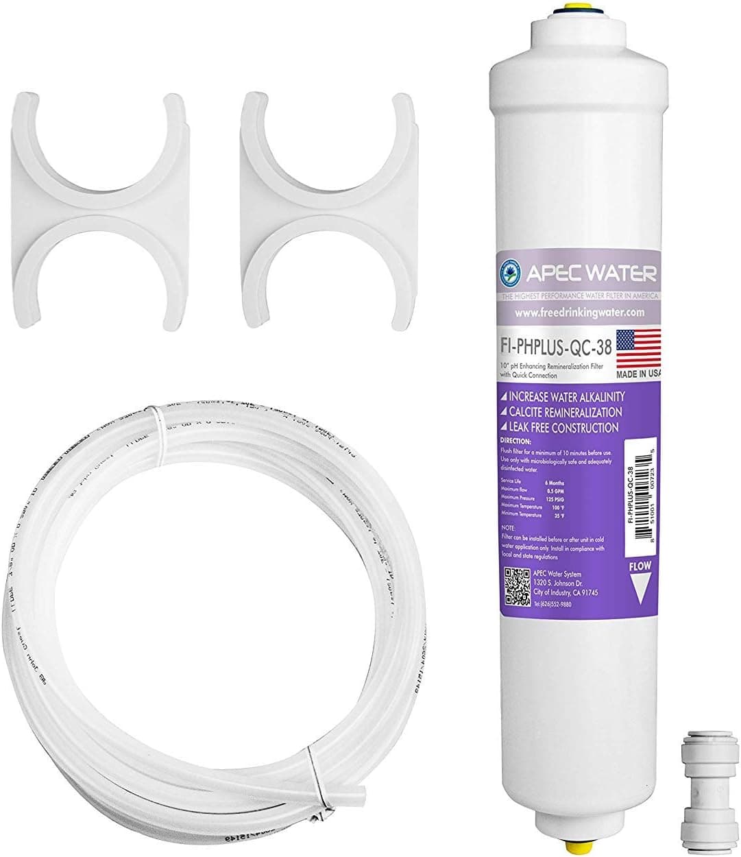 APEC Water Systems PHPLUSKIT-38 10" US Made Alkaline High Purity pH+ Calcium Carbonate Inline Filter Kit with 3/8" D Tubing Quick Connect, 1 Count (Pack of 1), White
