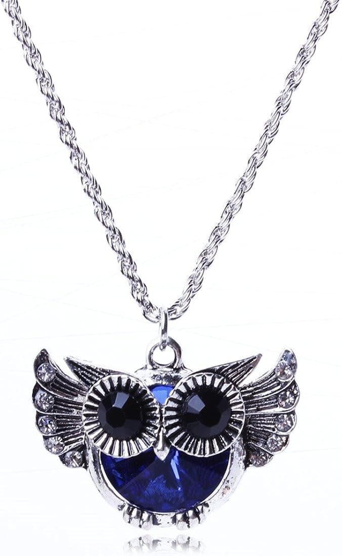QIYUN.Z Cute Fat Blue Belly Owl Fashion Punk Rock Style Rhinestone White K Necklace