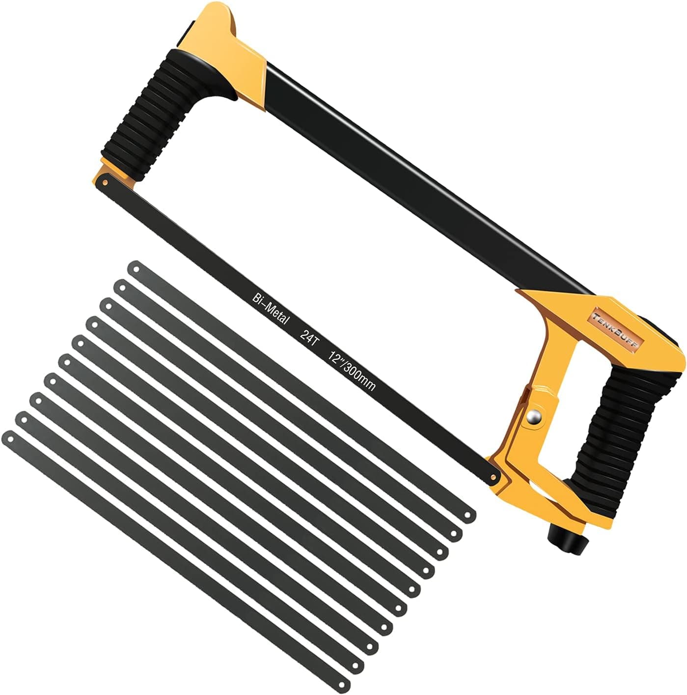 TenkBuff Adjustable Hacksaw Frame Set, 12 Inch Heavy Duty Hand Saw with 10 Extra Blades, Two Sawing Angles(45°/90°) for Sawing Wood, PVC Pipes, Steel Pipes, Frozen Meat (Upgrade, Yellow)