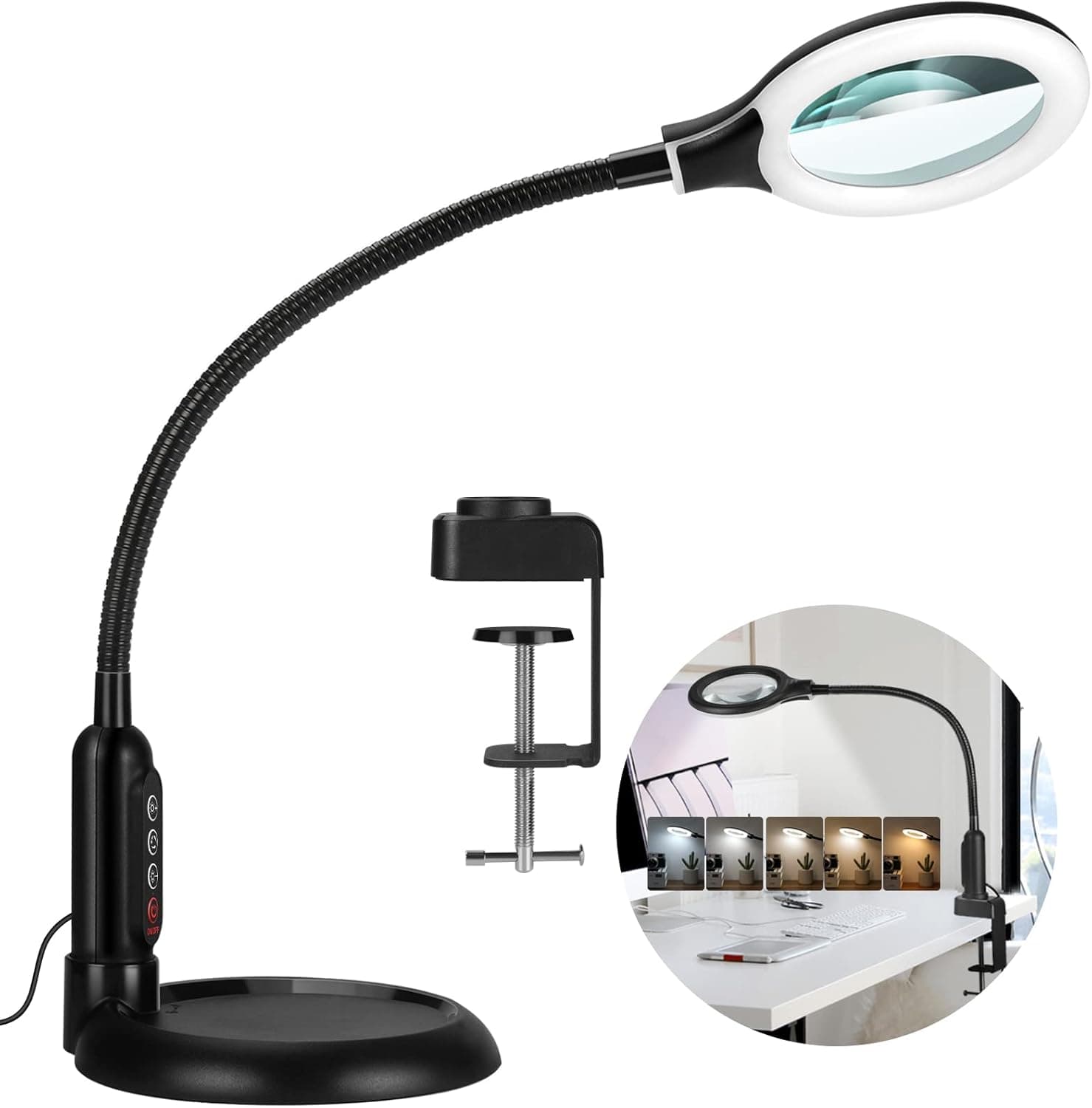 TOMSOO 5X Magnifying Glass with Light and Clamp, 5 Color Modes Stepless Dimmable Lighted Magnifier with Stand, Flexible Gooseneck LED Desk Lamp Hands Free for Craft Reading Painting Hobby Close Work