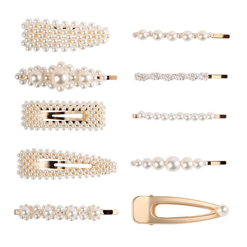 2019 Fashion Imitiation Pearl Hairpins Korea Vintage Flower Barrettes Long Hair Clips Accessory Handmade Metal Golden Hairgrip for Women Girls (10 PCS)