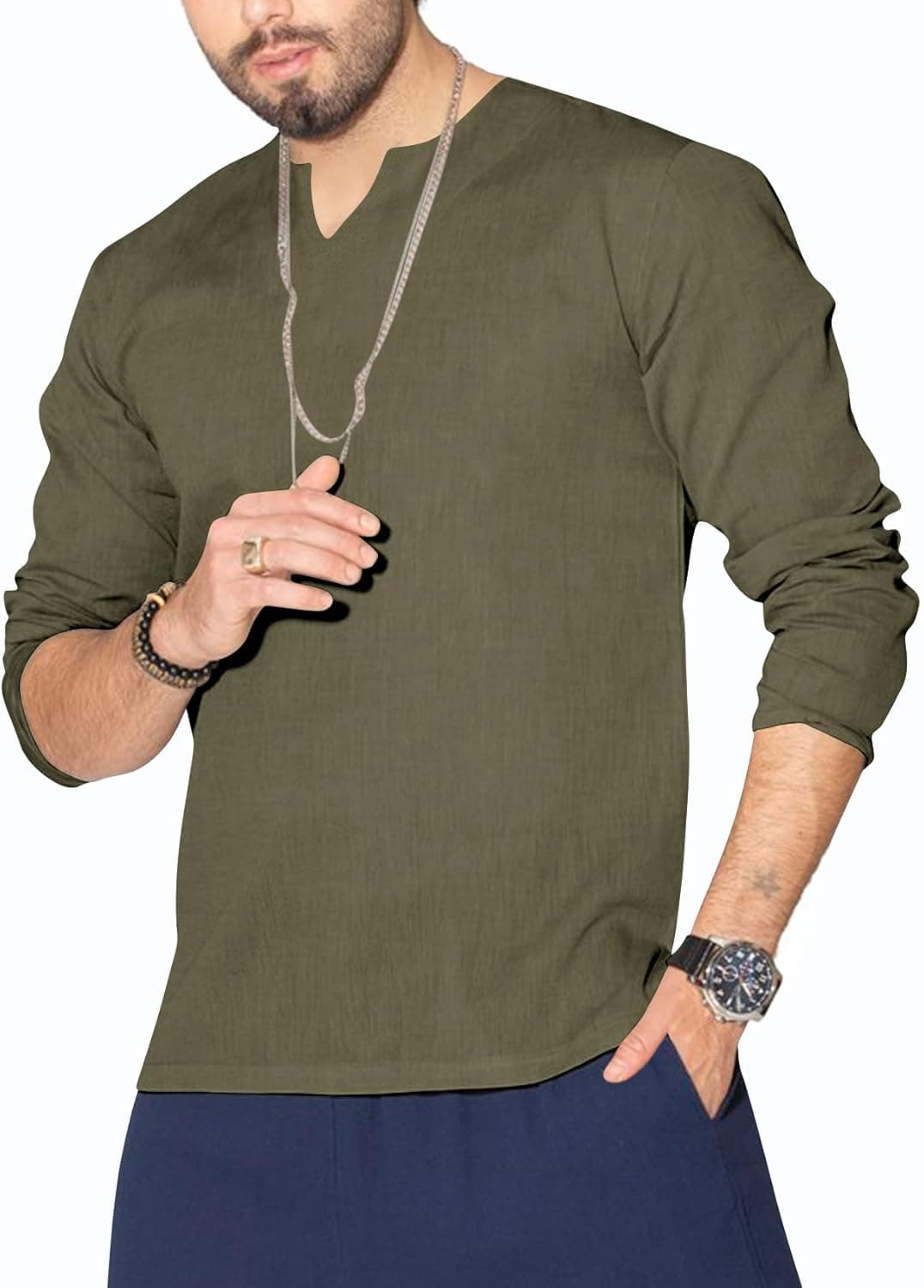 Mens Long Sleeve V Neck Shirts Linen Cotton Loose Fit Lightweight Beach Yoga Henley T Shirt Hippie Tops