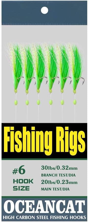 OCEAN CAT Fishing Rigs Saltwater Bait, Feather & Fish Skin 6 String Hooks Fishing Lure Tackle,Red/Green 10 Packs