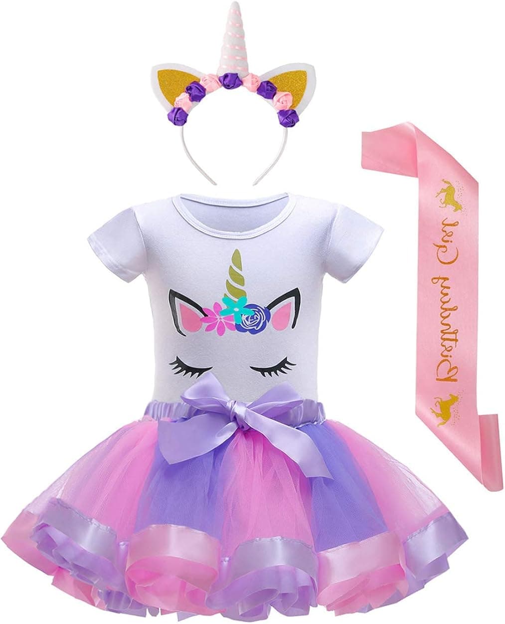 Nuolich Little Girls Unicorn Birthday Party Outfit, Unicorn Tutu Dress, Headband, Shirt & Satin Sash