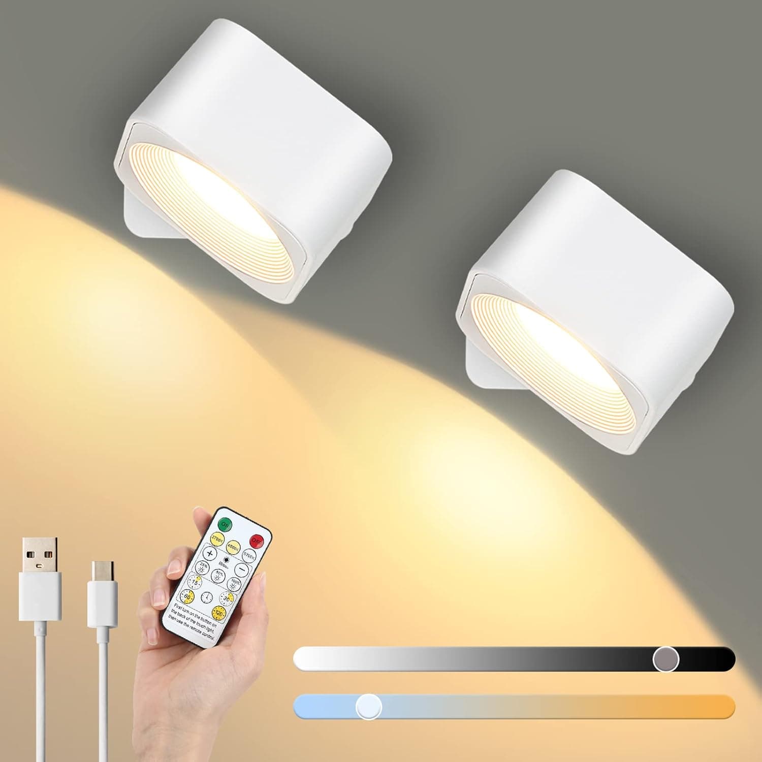 Lightess LED Wall Sconces Battery Operated with Remote and Touch Control Switch, Dimmable White Wall Light Rechargeable, Cordless Wall Mounted Reading Lights, Pack of 2, LG9942243