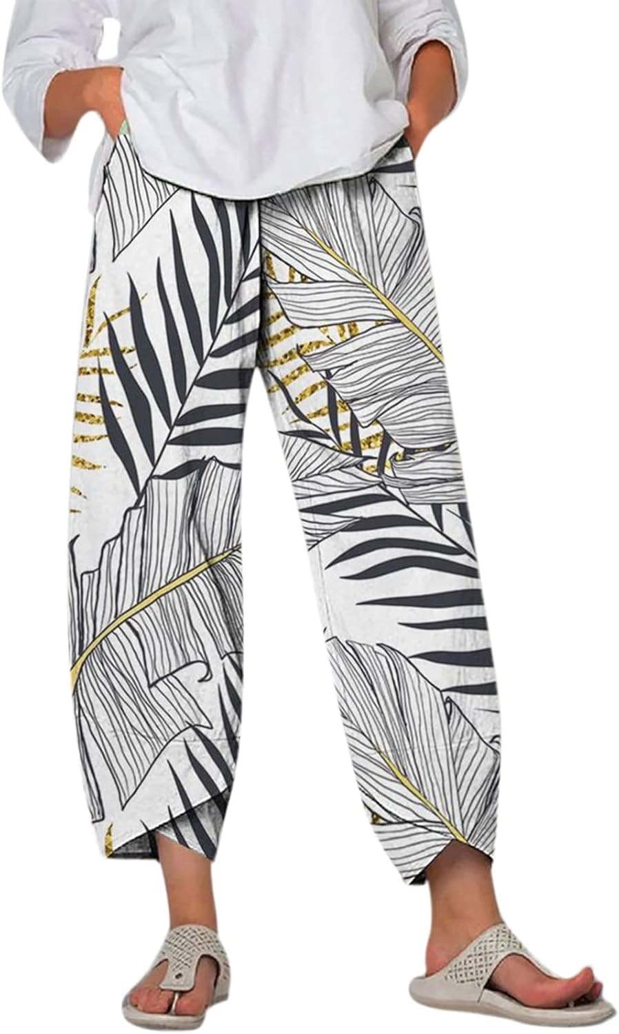 Burband Womens Summer Elegant Beach Linen Wear Boho Side Slit Harem Floral Pants Elastic Wide Leg Elephant Graphic Pants
