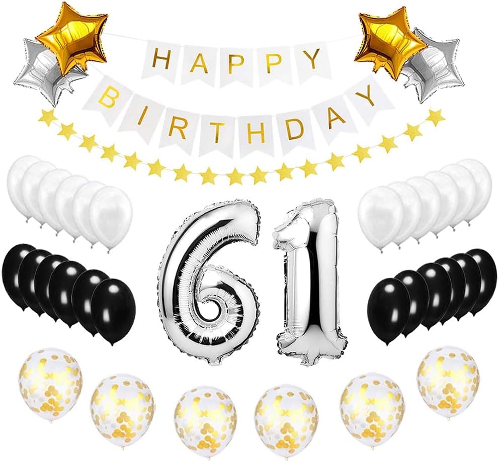 Best Happy to 61st Birthday Balloons Set - High Quality Birthday Theme Decorations for 61 Years Old Party Supplies Silver Black Gold