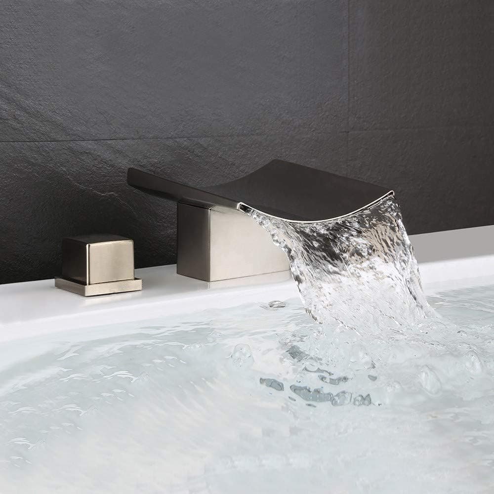 Yawhite Waterfall Widespread Bathroom Sink Faucet with Double Square Handles Deck Mount 3 Hole Basin Mixer (Brushed Nickel)