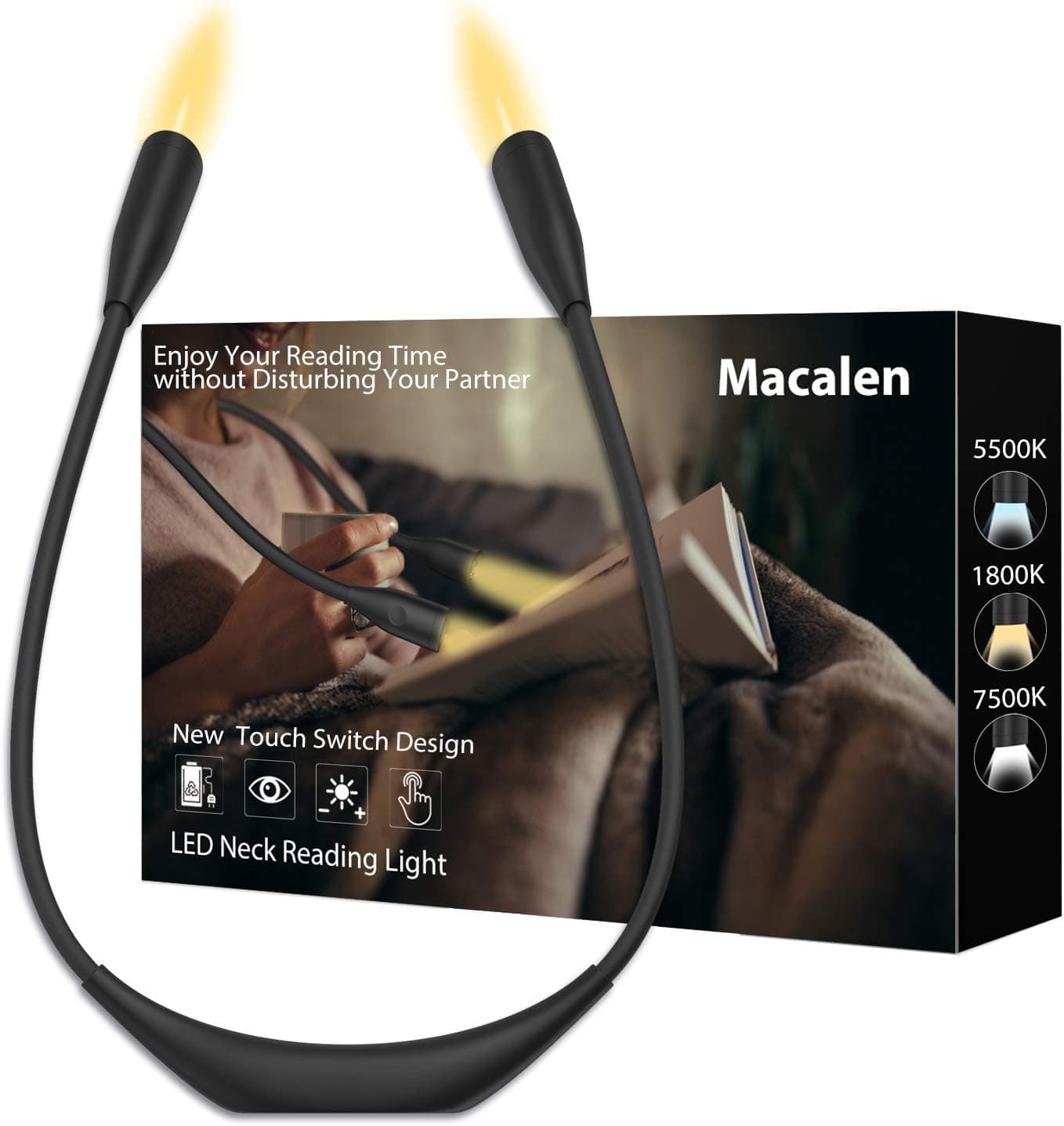 Macalen LED Book Light, Amber Neck Reading Light,Book Lights for Reading in Bed, Rechargeable Reading Lamp, Eye Protection Lightweight Portable Reading Light for Knitting, Mending, Crafts