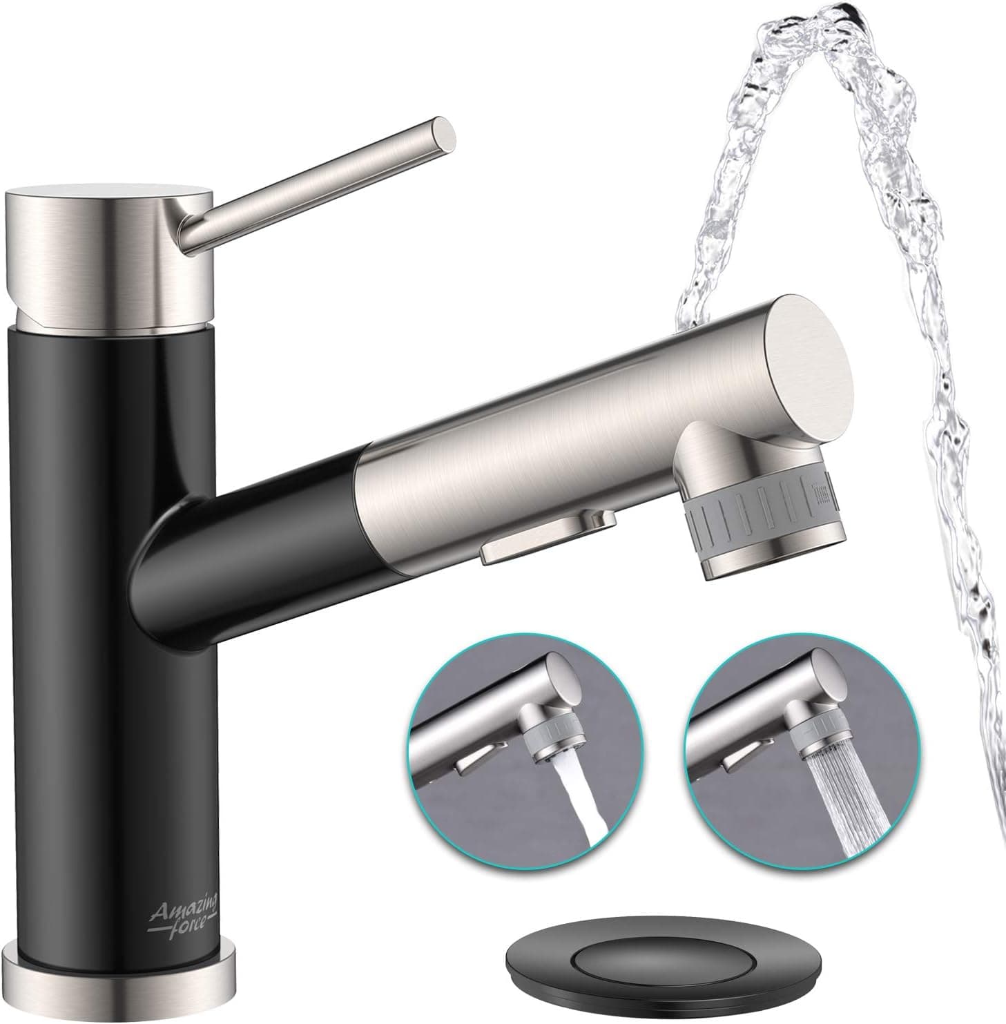 AMAZING FORCE Bathroom Faucet Pull Out Black & Brushed Nickel Bathroom Sink Faucet RV Bathroom Faucet Single Handle Utility Sink Faucet with Pop-up Drain