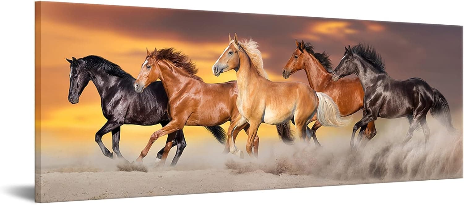 iKNOW FOTO Large Size Canvas Prints Running Horse Herd Rungallop Desert Dust Against Dramatic Sky Panorama Wall Art Gallery Wrapped Ready to Hang 20x55inch