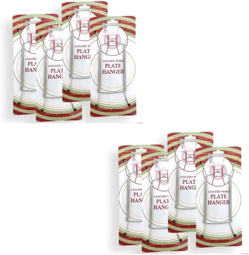 Banberry Designs Chrome Vinyl Coated Plate Hanger 8 to 10 Inch - Set of 8 Pcs - Clear Vinyl Sleeves Protect The Plate - Hook and Nail Included