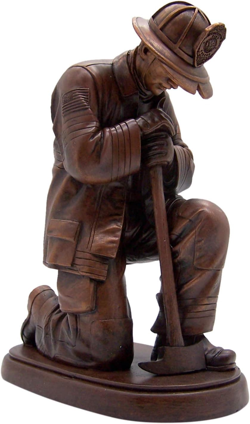Wowser Kneeling Firefighter Statue in Uniform, Firefighter Prayer Bronze Tone Resin Table Top Figurine, 8 1/4 Inch