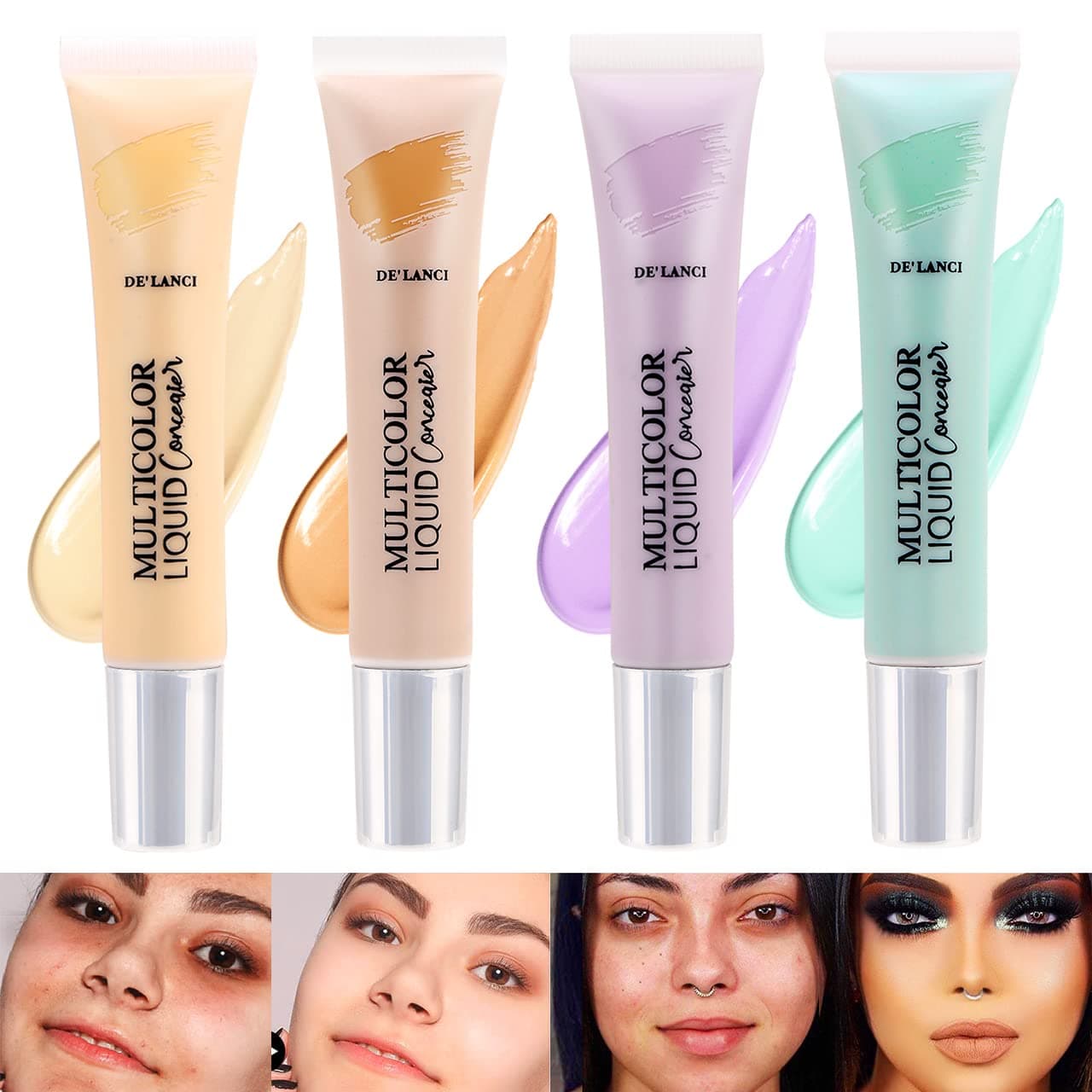 Liquid Concealer Makeup-Color Corrector Concealer 4 Pcs, Lightweight Moisturizing Liquid Foundation Makeup Full Coverage, Natural Waterproof Green Purple Correcting Concealer for Dark Circles Dry Skin
