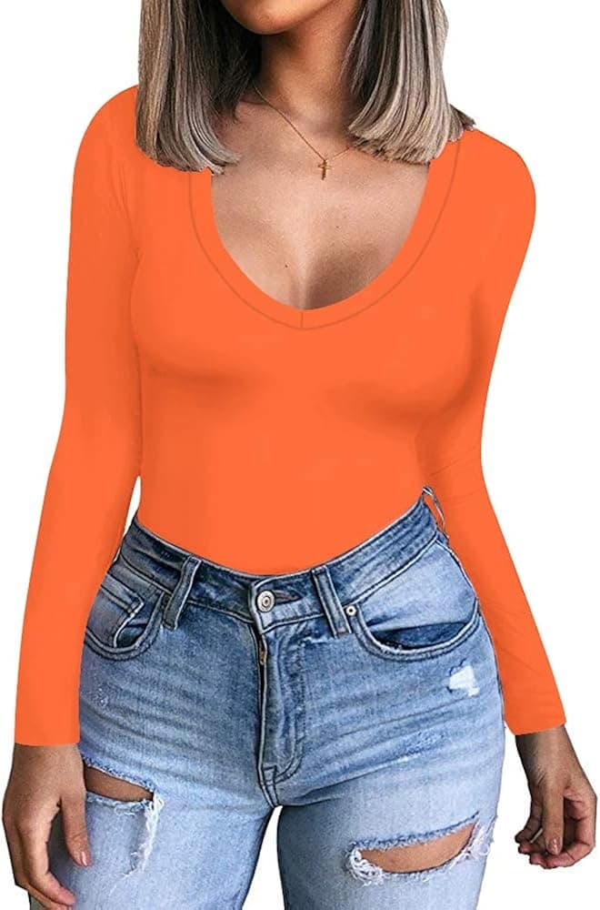 CLOZOZ Long Sleeve Tops for Women Sexy Womens V Neck T Shirts for Women Fitted Shirts Tight Basic Tee