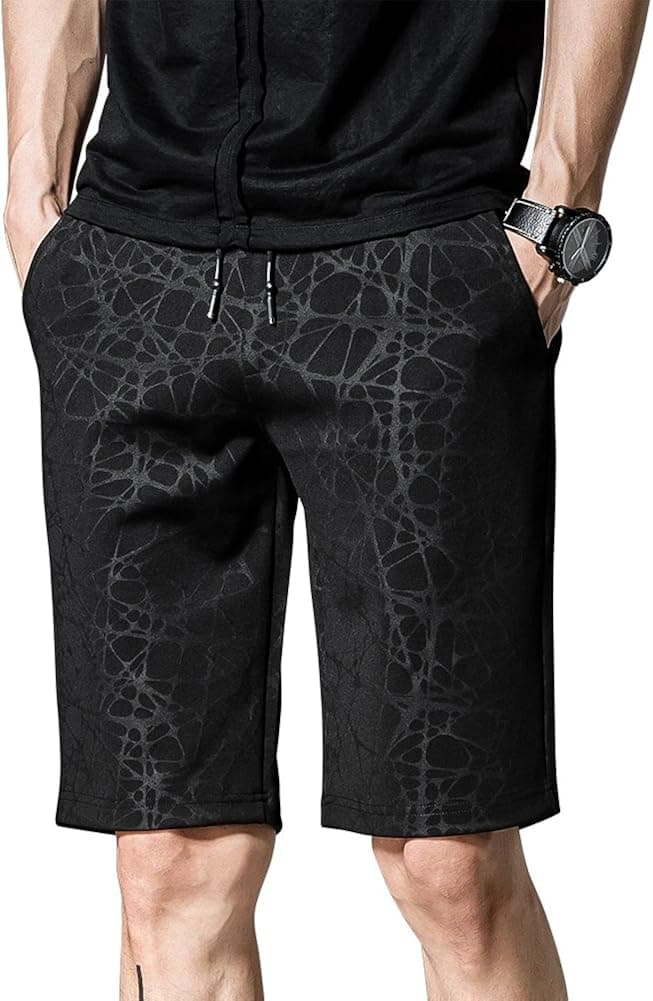 Zhtrade Men's Casual Beach Shorts Classic Fit Drawstring Walk Shorts Quick Dry Print Jogger Shorts with Pockets Black,M