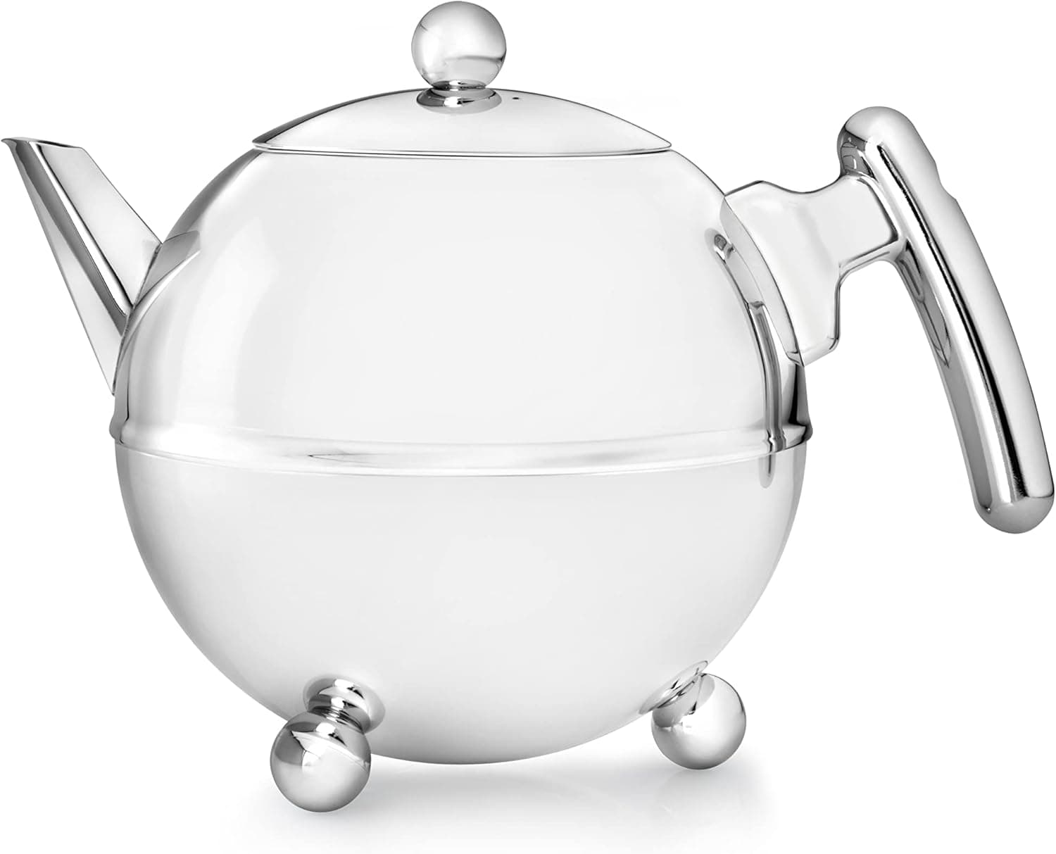 bredemeijer Bella Ronde Double Walled Teapot, 1.2-Liter, Stainless Steel Glossy Finish with Chromium Settings