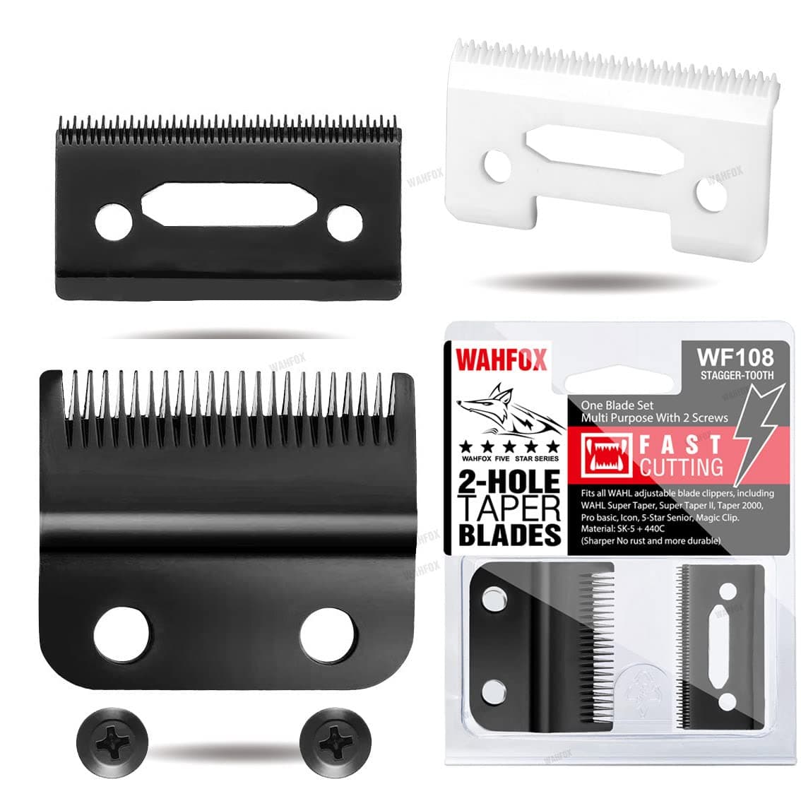 WAHFOX Professional 2 holes replacement blades set for Wahl Hair Clippers including 1 440C fixed blade 1 440C moving blade 1 Ceramic blade 2 screws BLACK