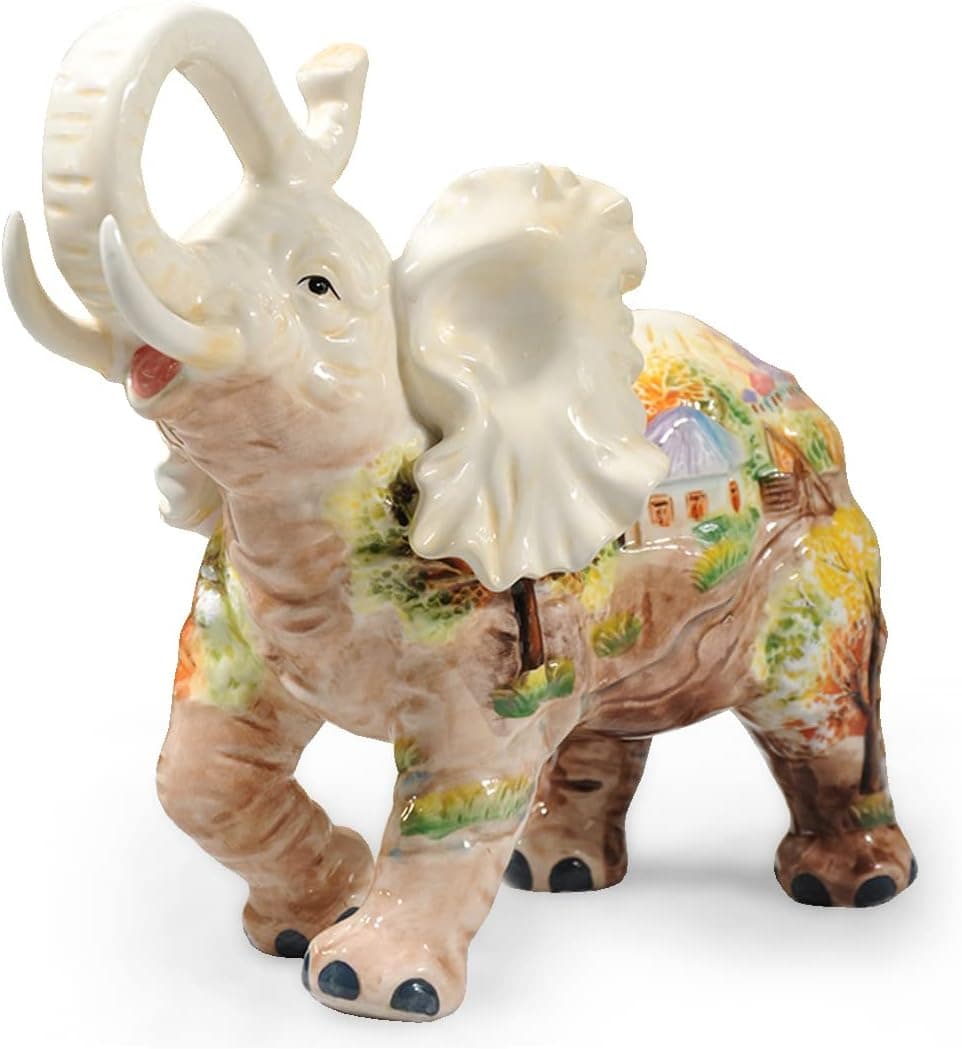 FORLONG Ceramic Collectible Figurines Statue，3D Hand-Painted Rural Scenery Elephant with Trunk Raised Statue Decoration（Large）