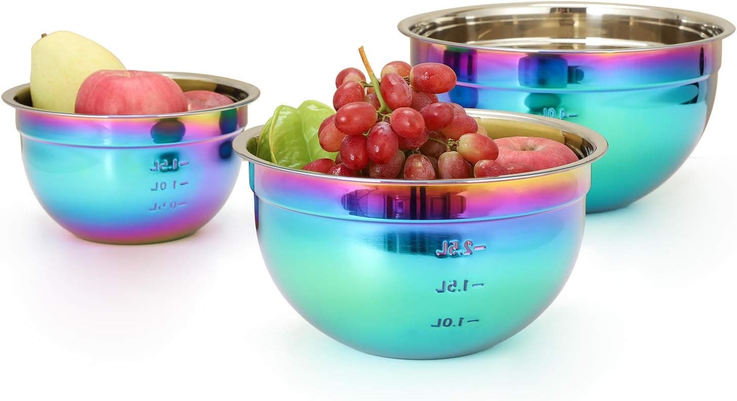 ROYDOM Rainbow Mixing Bowl Set, 18/8 Stainless Steel Salad Bowls 3 Piece Colorful Nesting Bowl for Prep Cooking, Baking, Food Preparation, Fruit Cake Measure storage container Includes 1.5L, 2.5L, 4L